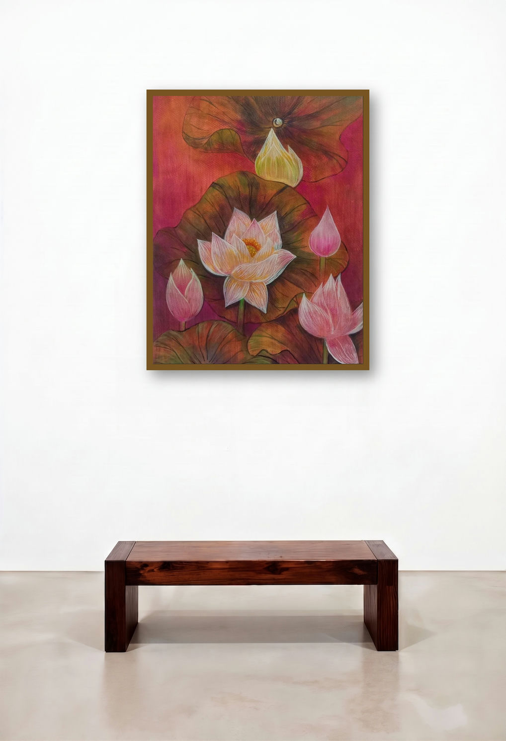 Melody Of Lotus 6 (Crimson Bloom) by artist Atin Mitra displayed in a Scandinavian Foyer