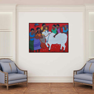 'Memorable' painting by Dnyaneshwar Bembade shown on a wall in a furnished room.