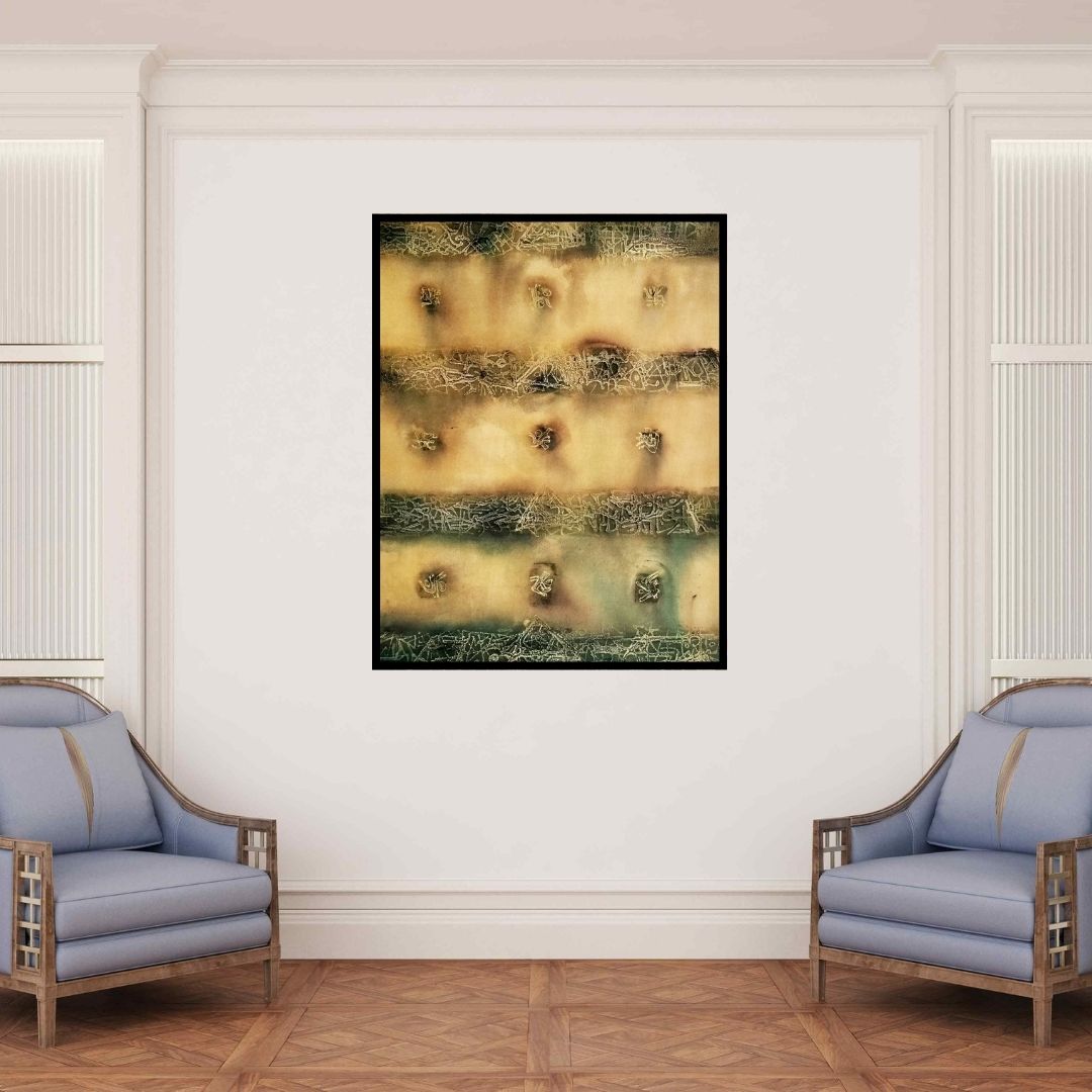 In-situ view of Kaushlendra Pratap Singh's 'Memories Of Ancient Sings (Abstract Expressionist Composition)' painting in a room