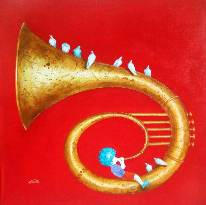 Music acrylic painting titled 'Memories Of The Childhood Xi', 30x30 inches, by artist Shiv Soni on Canvas