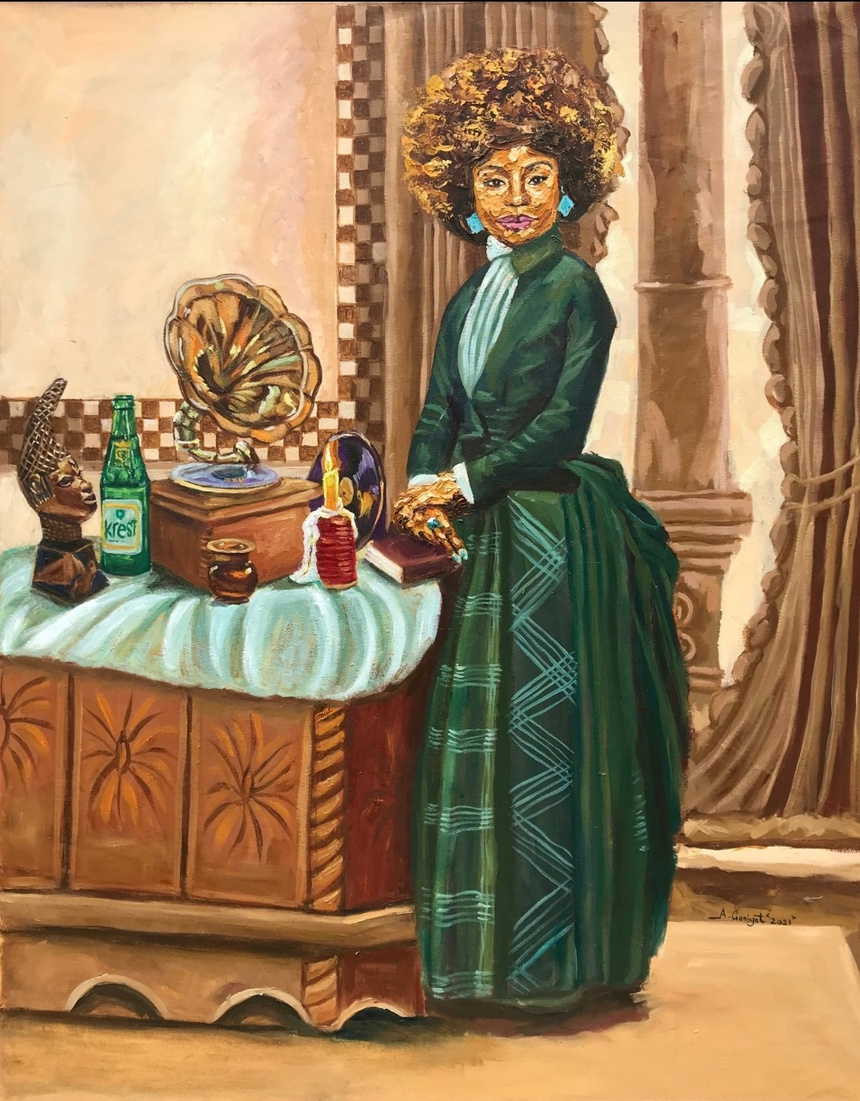 'Memories Of The Past' figurative oil painting by artist Ganiyat Abdulazeez, 36x34 inch, on canvas