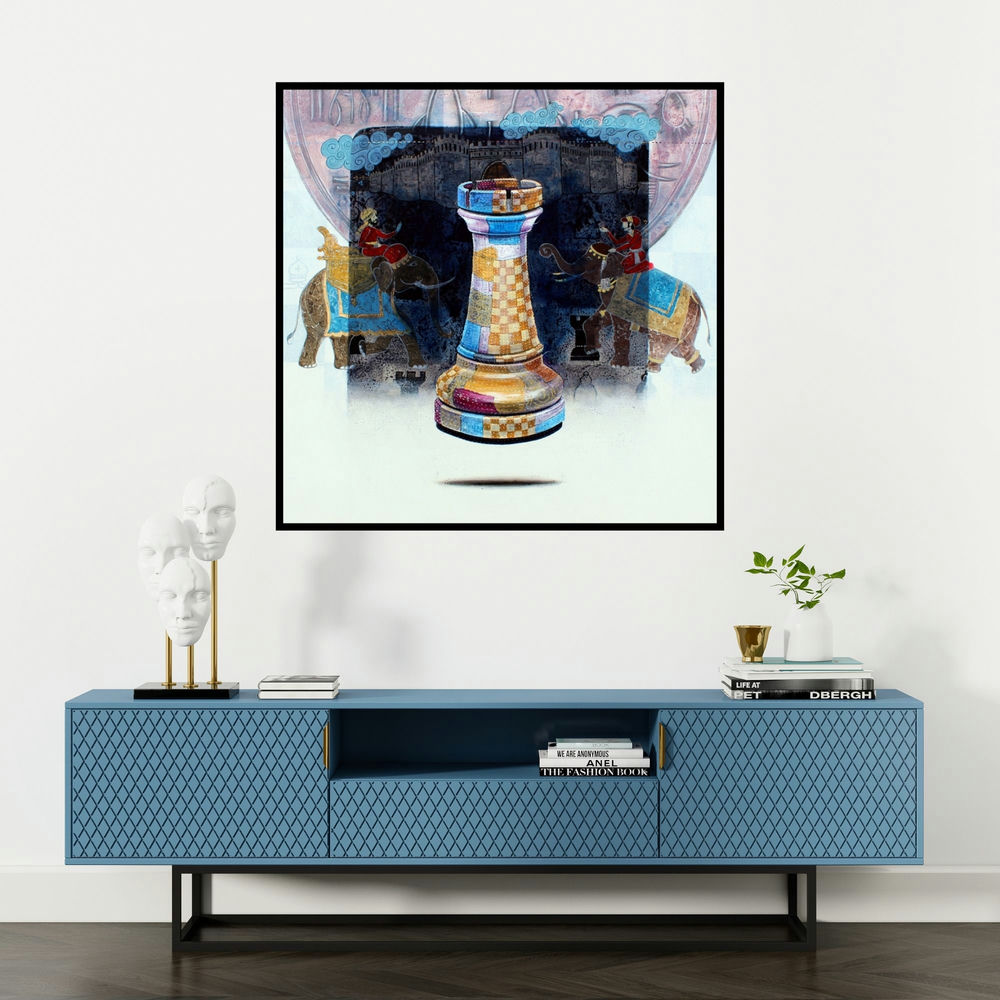 'Memories (Rook)' painting by Ramchandra Kharatmal shown on a wall in a furnished room.