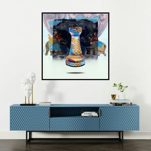 'Memories (Rook)' painting by Ramchandra Kharatmal shown on a wall in a furnished room.