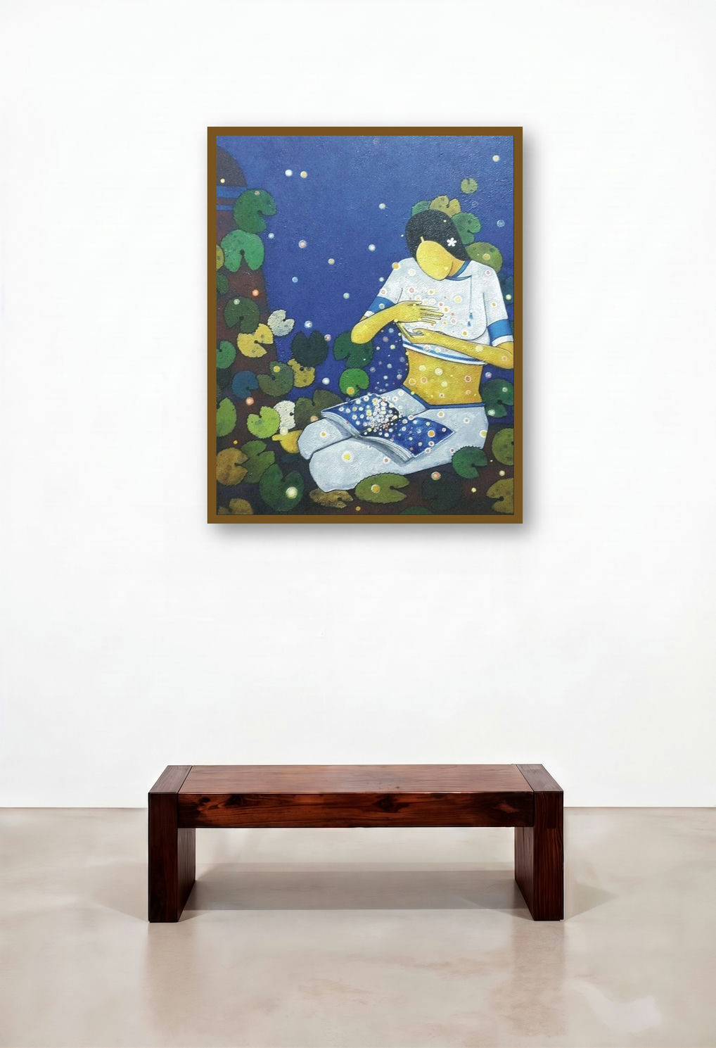 Memory (Woman Reading by artist Moonlight) by artist Sujit Giram displayed in a Mid-Century Modern Dining Room