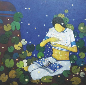 Memory (Woman Reading by Moonlight) by Sujit Giram, Original Acrylic Figurative Painting on Canvas, Small Square Wall Art