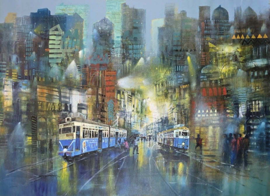 'Memory Of Queen Of Street At Monsoon' cityscape acrylic painting by artist Srj Surajit Chakraborty, 49x65 inch, on canvas