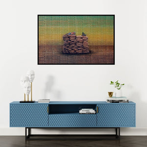 Preview of 'The Mending Wall (The Endless Wait)' Painting by Balaji Ponna shown on a wall in a furnished room.