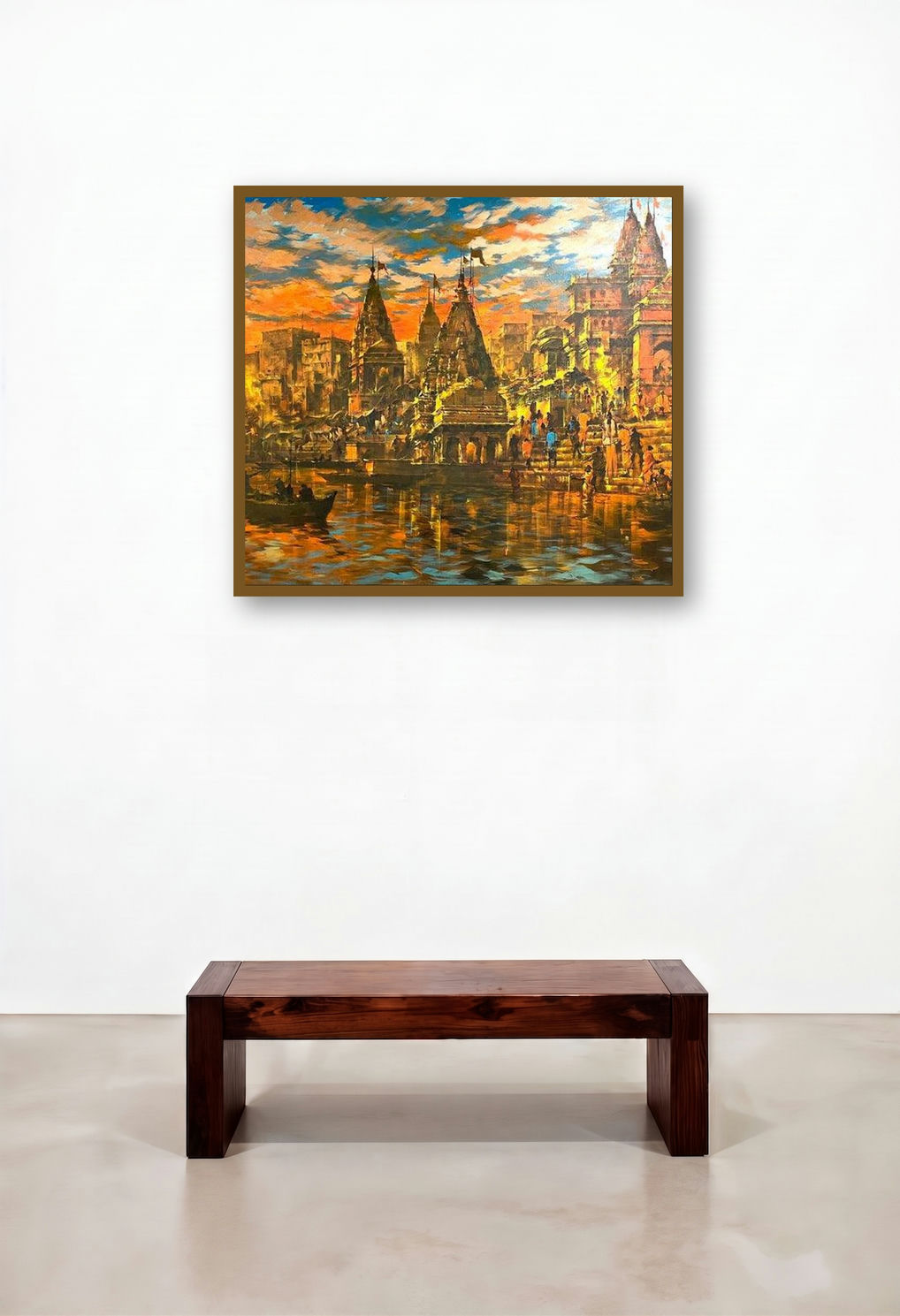 Meri Kashi 1 (Golden Hour in Varanasi) by artist Sandeep Chhatraband displayed in a Luxury Study