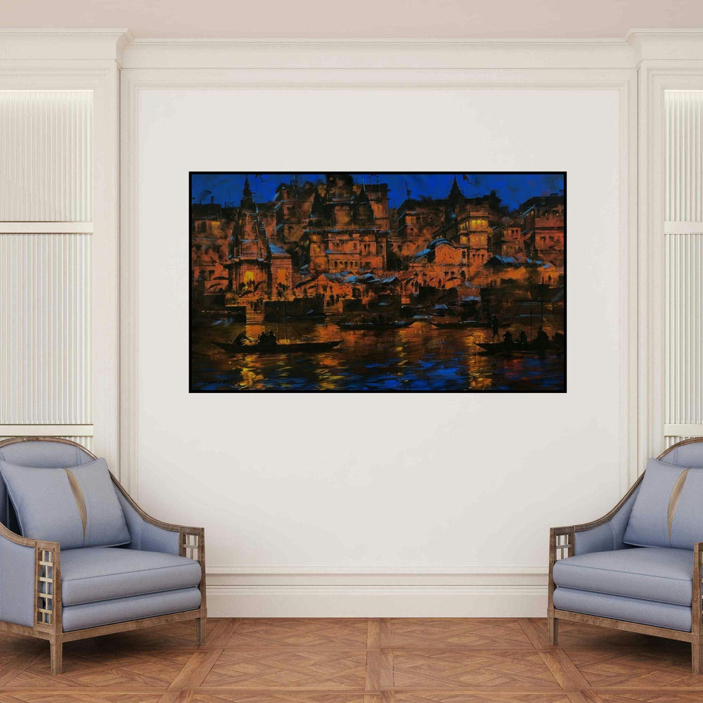 'Meri Kashi 2 (Night on the Ganges)' painting by Sandeep Chhatraband shown on a wall in a furnished room.