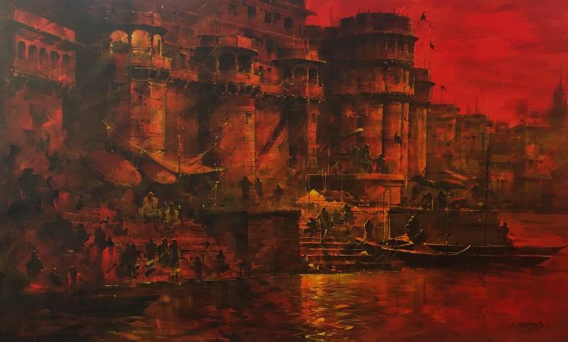 Cityscape acrylic painting titled 'Meri Kashi 3', 36x60 inches, by artist Sandeep Chhatraband on Canvas
