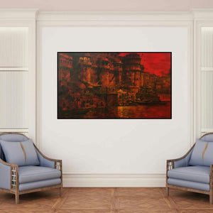 'Meri Kashi 3 (Crimson Dawn)' painting by Sandeep Chhatraband shown on a wall in a furnished room.
