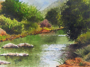 Mesmerizing Stillness by Jitendra Sule, Original Watercolor Landscape Painting on Handmade Paper, Small Horizontal Wall Art