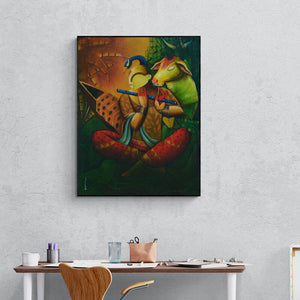 In-situ view of Anupam Pal's 'The Mesmerizing Tunes 17 (Harmony with Nature) (Flute Melody)' painting in a room