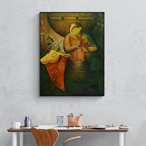 In-situ view of Anupam Pal's 'The Mesmerizing Tunes 19 (Melody) (Flute Melody Divine Cow)' painting in a room