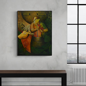 Anupam Pal's painting 'The Mesmerizing Tunes 19 (Melody) (Flute Melody Divine Cow)' displayed in a modern living room setting