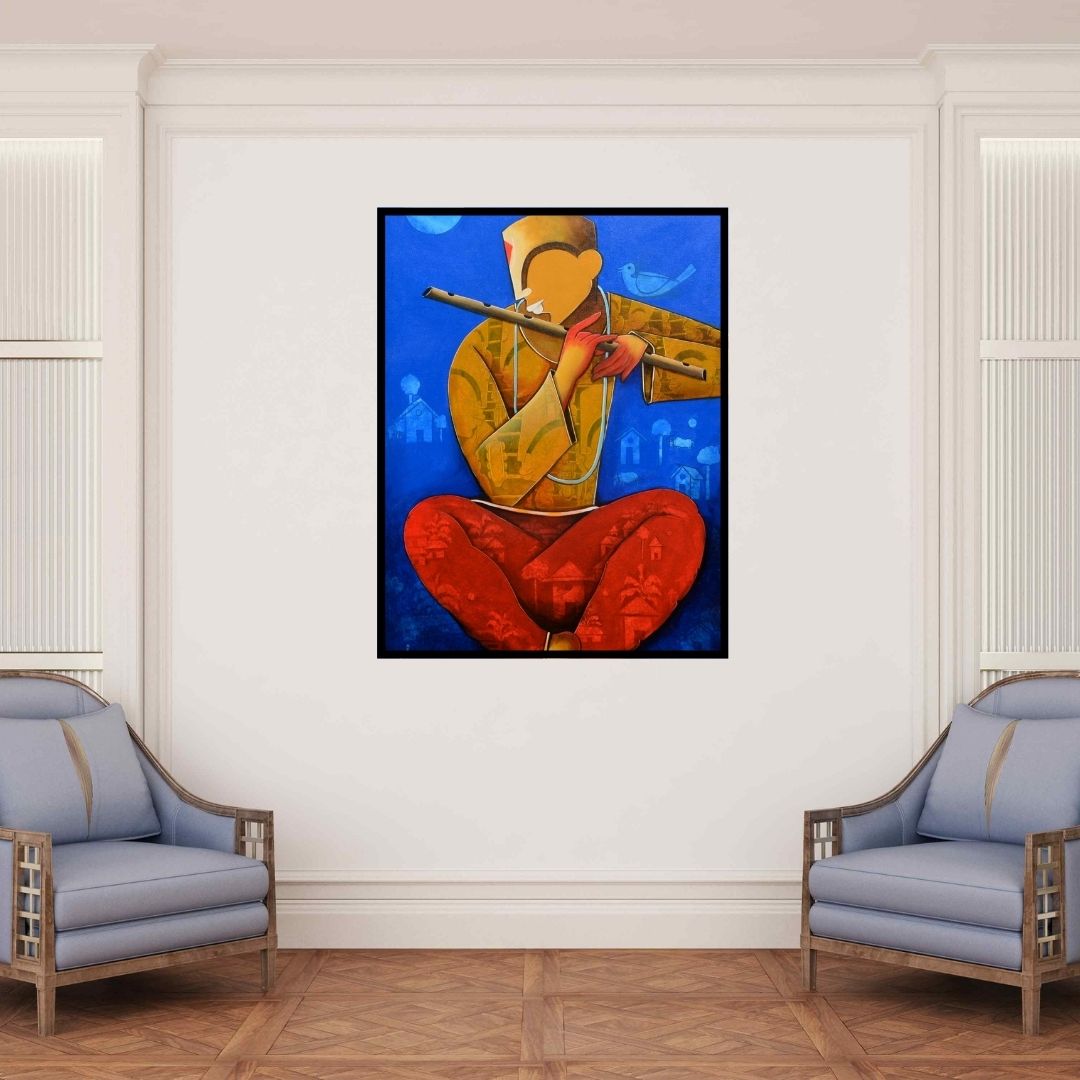In-situ view of Anupam Pal's 'The Mesmerizing Tunes 3' painting in a room