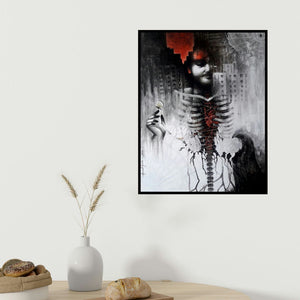 Arabinda Samanta's 'Metamorphosis (The City Within)' painting visualized above a sofa in a contemporary room.