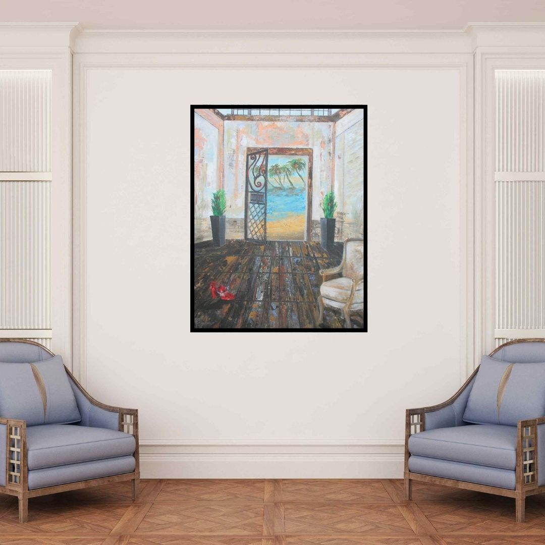 In-situ view of Romaine Kaufman's 'metaphysical exploration of real time space (A Glimpse of Paradise)' painting in a room