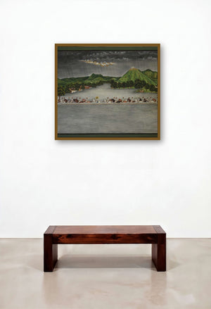 Mewar Pichwai (Royal Procession - Mewar Pichwai Painting) by artist Pushkar Lohar Pichwai displayed in a Modern Foyer