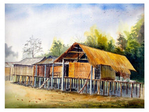 Miching Tradition House 1 (Homes of the Miching) by Biki Das, Original Watercolor Landscape Painting on Paper, Medium Horizontal Wall Art