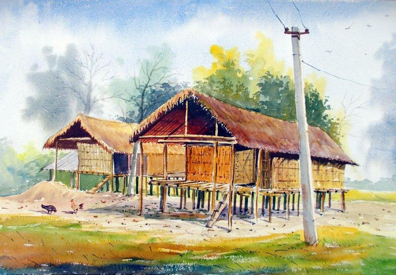 Landscape watercolor painting titled 'Miching Tradition House 2', 22x14 inches, by artist Biki Das on Paper