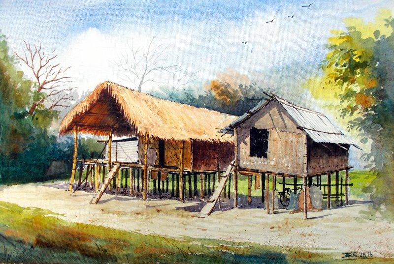 Landscape watercolor painting titled 'Miching Tradition House 3', 22x14 inches, by artist Biki Das on Paper