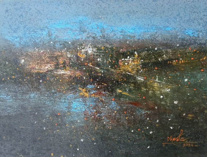 Abstract acrylic painting titled 'Midnight Guwahati 1', 24x32 inch, by artist Dnyaneshwar Dhavale on Canvas