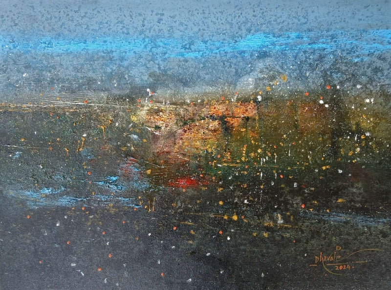 Abstract acrylic painting titled 'Midnight Guwahati 2', 24x32 inch, by artist Dnyaneshwar Dhavale on Canvas