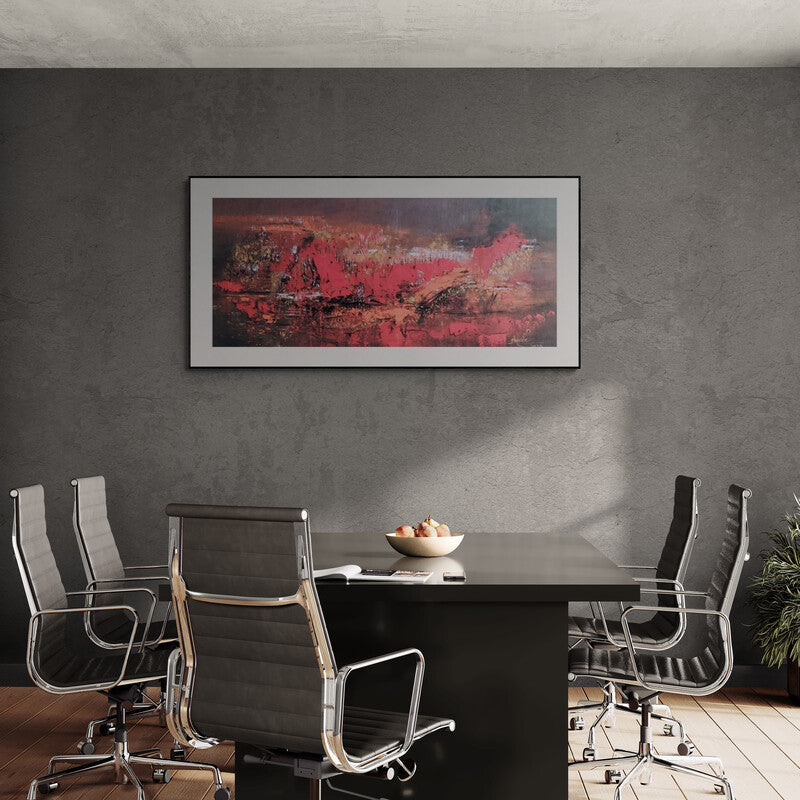 In-situ view of Dnyaneshwar Dhavale's 'Midnight View (Crimson Abyss)' painting in a room