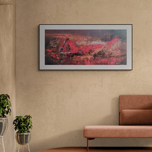 Dnyaneshwar Dhavale's painting 'Midnight View (Crimson Abyss)' displayed in a modern living room setting