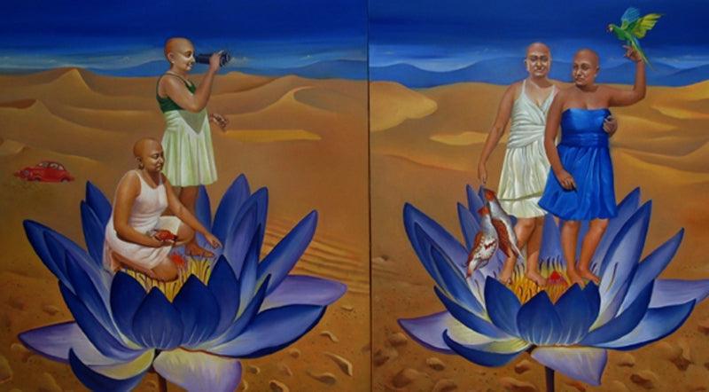 Figurative oil painting titled 'Migrating Mirage', 56x96 inches, by artist Daina Mohapatra on Canvas