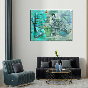 Abhipsa Pradhan's 'Migration Part 3 (Lotus Pond)' painting visualized above a sofa in a contemporary room.