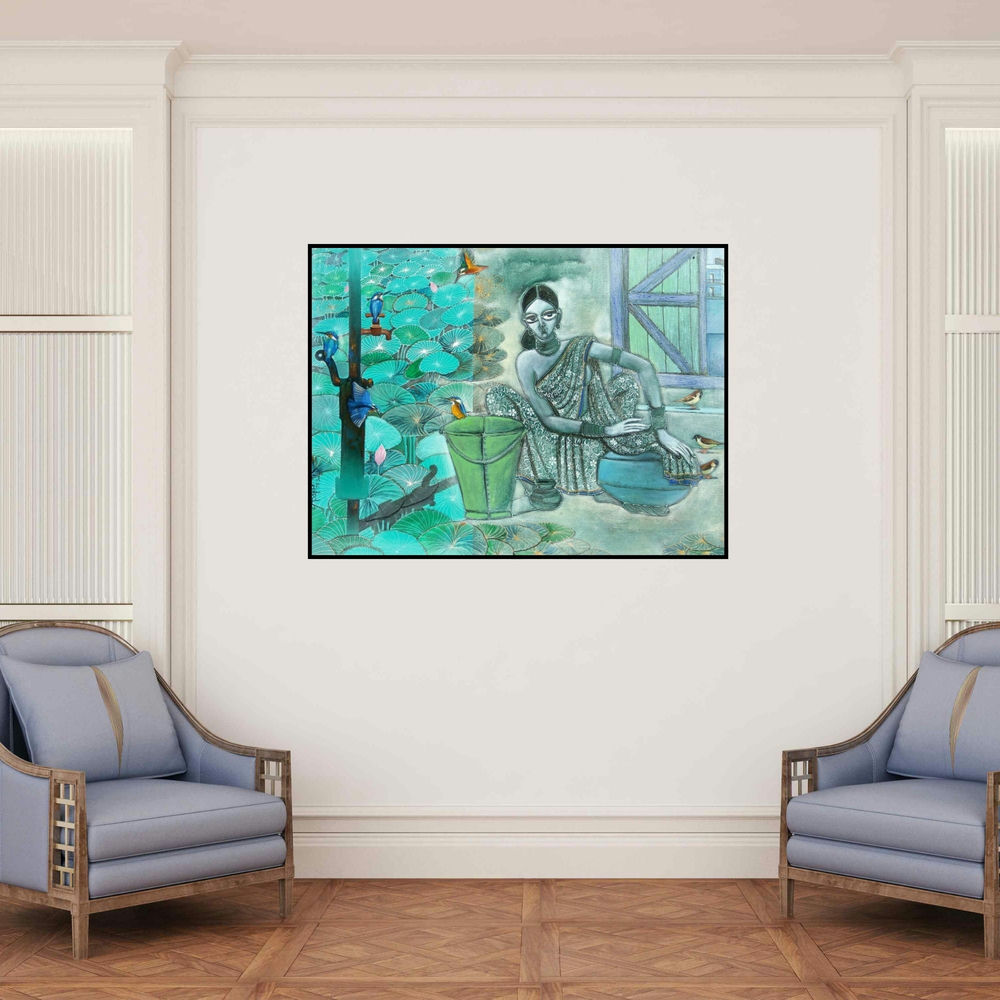 'Migration Part 3 (Lotus Pond)' painting by Abhipsa Pradhan shown on a wall in a furnished room.