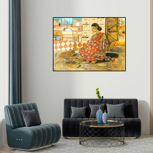 Abhipsa Pradhan's 'Migration Part 4' painting visualized above a sofa in a contemporary room.