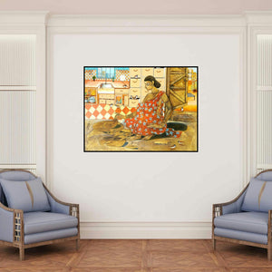 'Migration Part 4' painting by Abhipsa Pradhan shown on a wall in a furnished room.