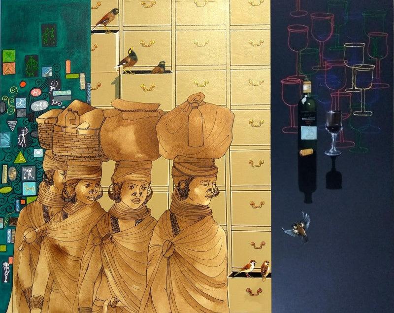 Figurative acrylic painting titled 'Migration Part 5', 48x60 inches, by artist Abhipsa Pradhan on canvas