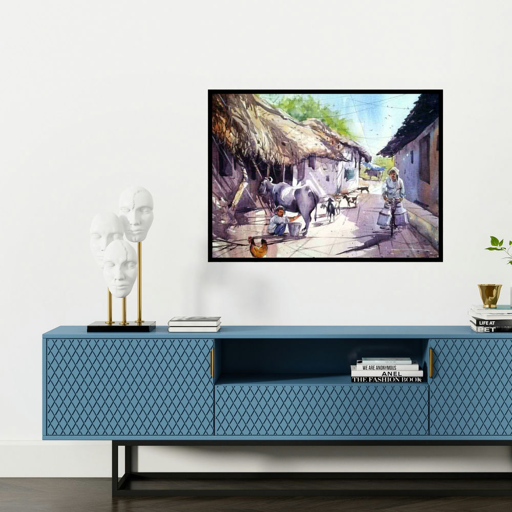 'Milk Man' painting by Amit Kapoor shown on a wall in a furnished room.