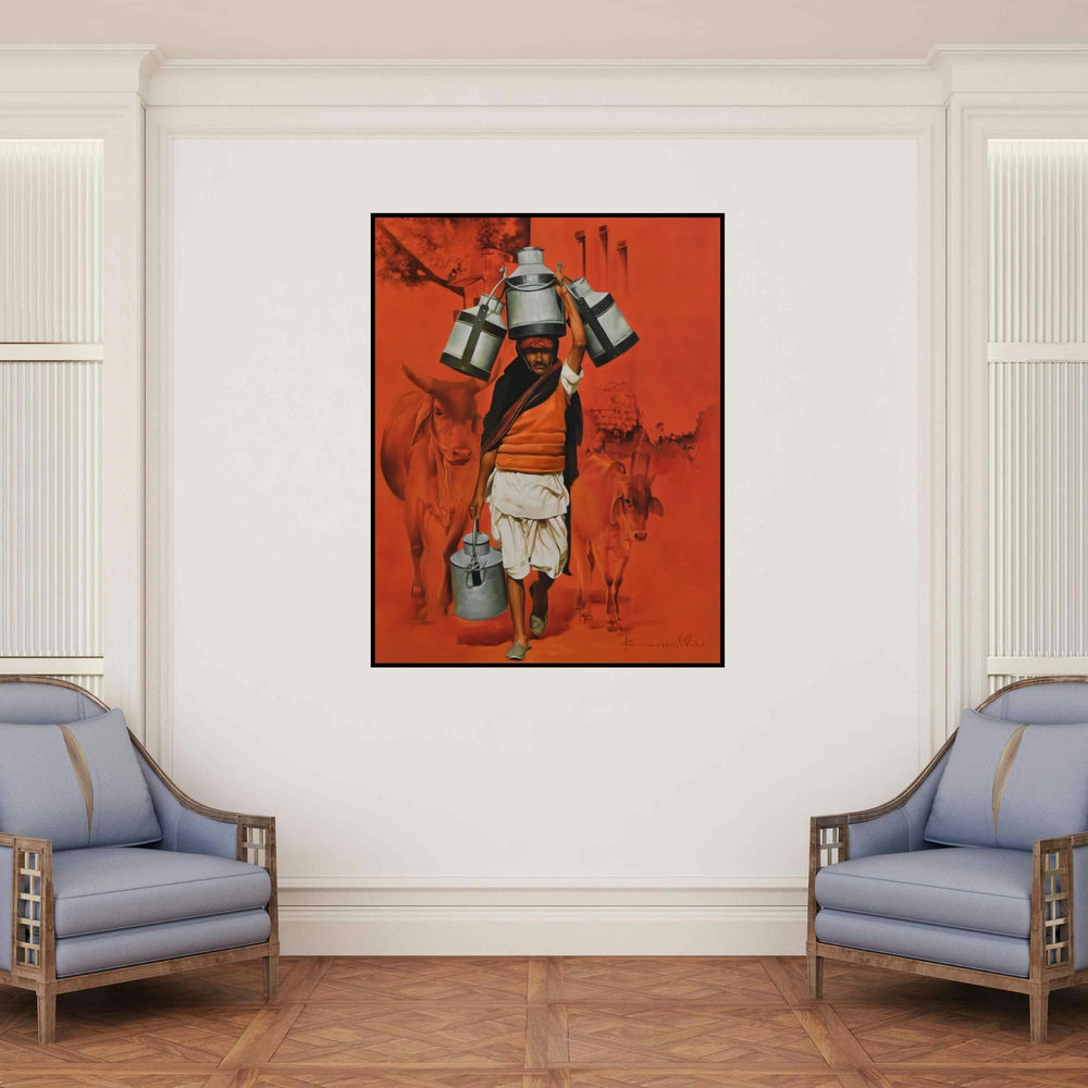 'Milkman' painting by Kamal Rao shown on a wall in a furnished room.