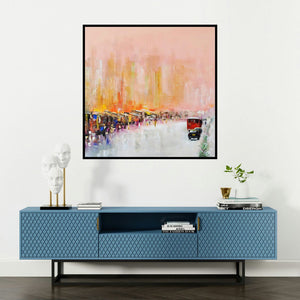 'Mind The Gap (Urban Tapestry)' painting by Tejinder Ladi Singh shown on a wall in a furnished room.