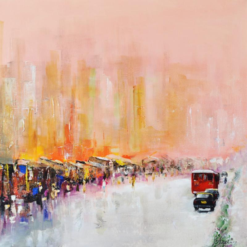 Cityscape acrylic painting titled 'Mind The Gap', 36x36 inches, by artist Tejinder Ladi Singh on Canvas