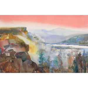 Mindcsape 32 (Ethereal Valley) by Sunil Kale, Original Watercolor Fantasy Painting on Paper, Small Horizontal Wall Art