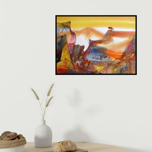 Sunil Kale's 'Mindcsape 34 (Citadel of Dreams)' painting visualized above a sofa in a contemporary room.