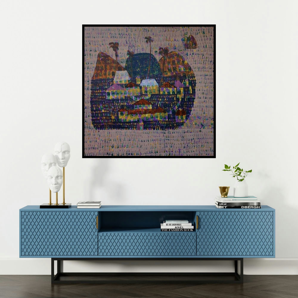 'Mindscape 1 (Hidden Harmony)' painting by Harshada Kolapkar shown on a wall in a furnished room.