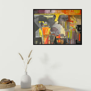 Sunil Kale's 'Mindscape 12 (Echoes of the City)' painting visualized above a sofa in a contemporary room.