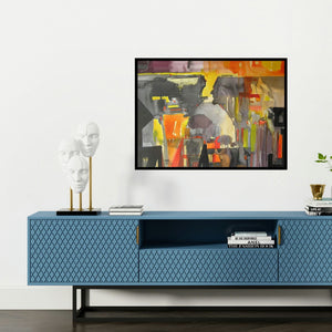 'Mindscape 12 (Echoes of the City)' painting by Sunil Kale shown on a wall in a furnished room.