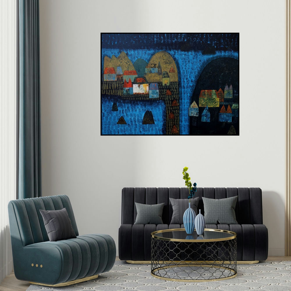 'Mindscape 2 (Night's Embrace)' painting by Harshada Kolapkar shown on a wall in a furnished room.