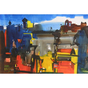 Mindscape 30 (Urban Tapestry) by Sunil Kale, Original Watercolor Fantasy Painting on Paper, Small Horizontal Wall Art