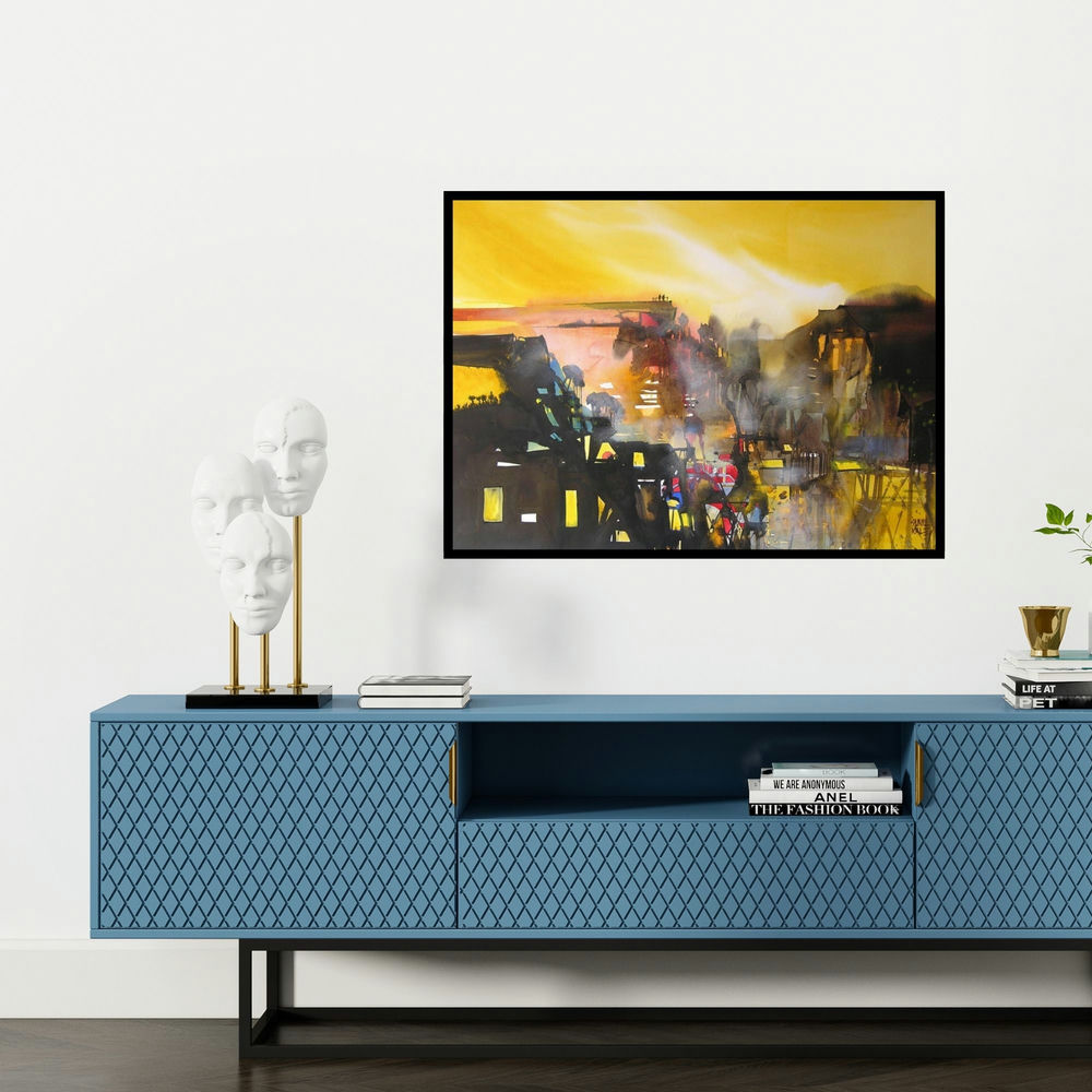 'Mindscape 7 (Twilight City)' painting by Sunil Kale shown on a wall in a furnished room.
