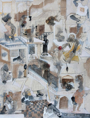 contemporary mixed media painting titled 'Miniature 1', 24x18 inches, by artist Susmita Chowdhury on Canvas