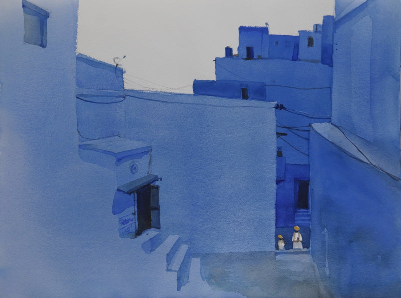 'Minimalist Blues Giant Walls' cityscape watercolor painting by artist Prashant Prabhu, 18x24 inch, on archival paper